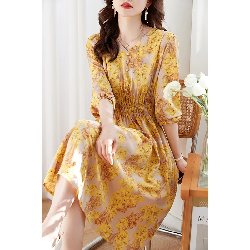 

Elegant V-Neck Printed Shiring Lantern Sleeve Midi Dress Women's Clothing 2023 Spring Summer New Loose Floral Dress