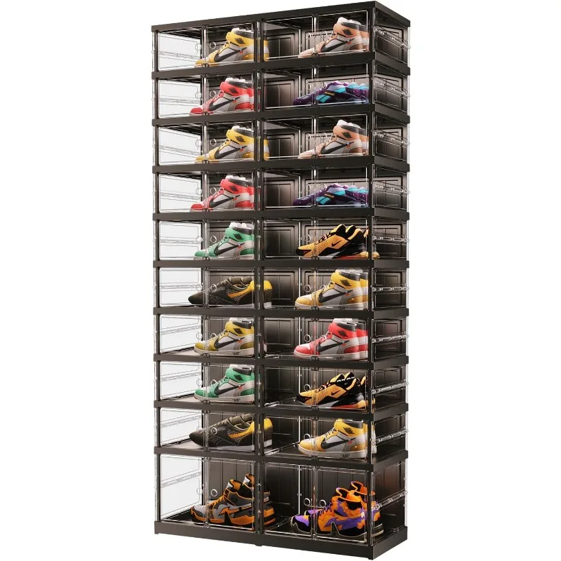 10 Tiers 20-40 Pairs Foldable Shoe Boxes Large Plastic Shoe Storage Rack Collapsible Shoe Organizer for Closet Clear Stackable