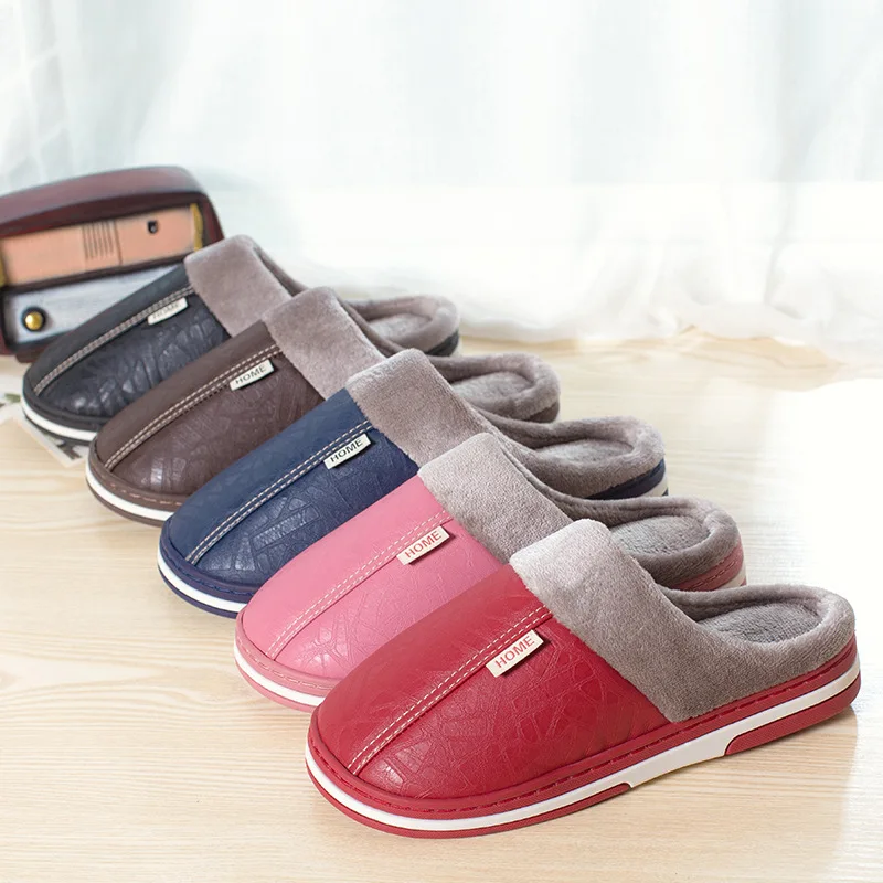 Zapatillas de piel sintética para hombre y mujer, zapatos de interior, impermeables, cálidos, para casa, de talla grande