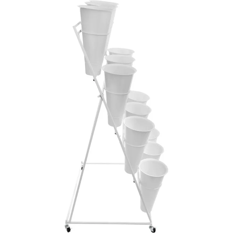 Flower Display Stand with 12pcs Buckets 4 Layers Metal Moving Florist Bouquet Shelf with 4 Wheels for Patio Garden (White)