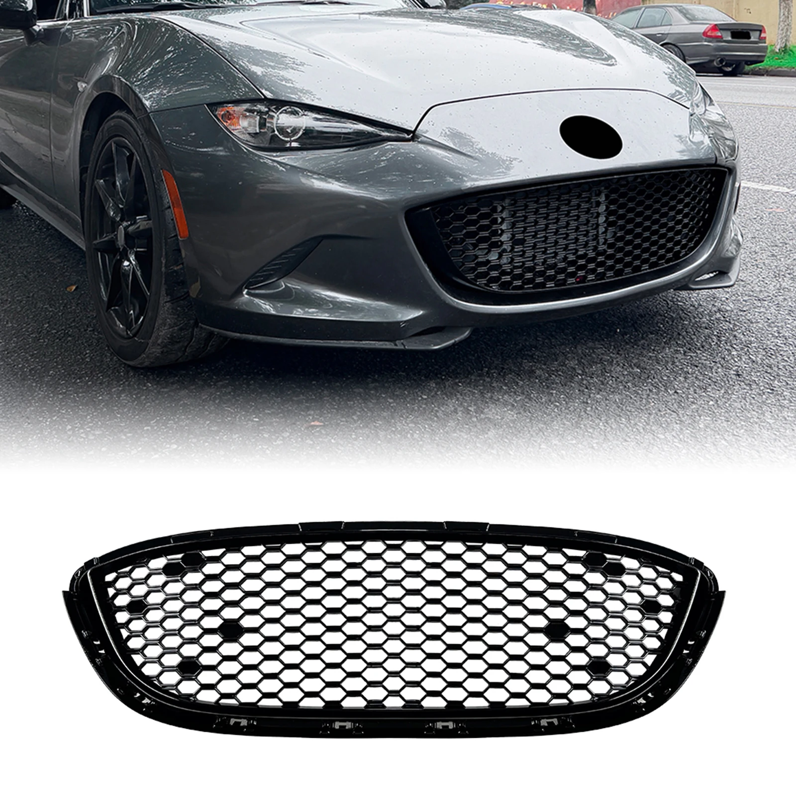 Für Mazda MX-5 Miata ND 2016-2026 Glänzend Schwarzer Frontgrill Oberer Stoßfänger Kühlergrill Lufteinlass Karosserieschutz Renngrill