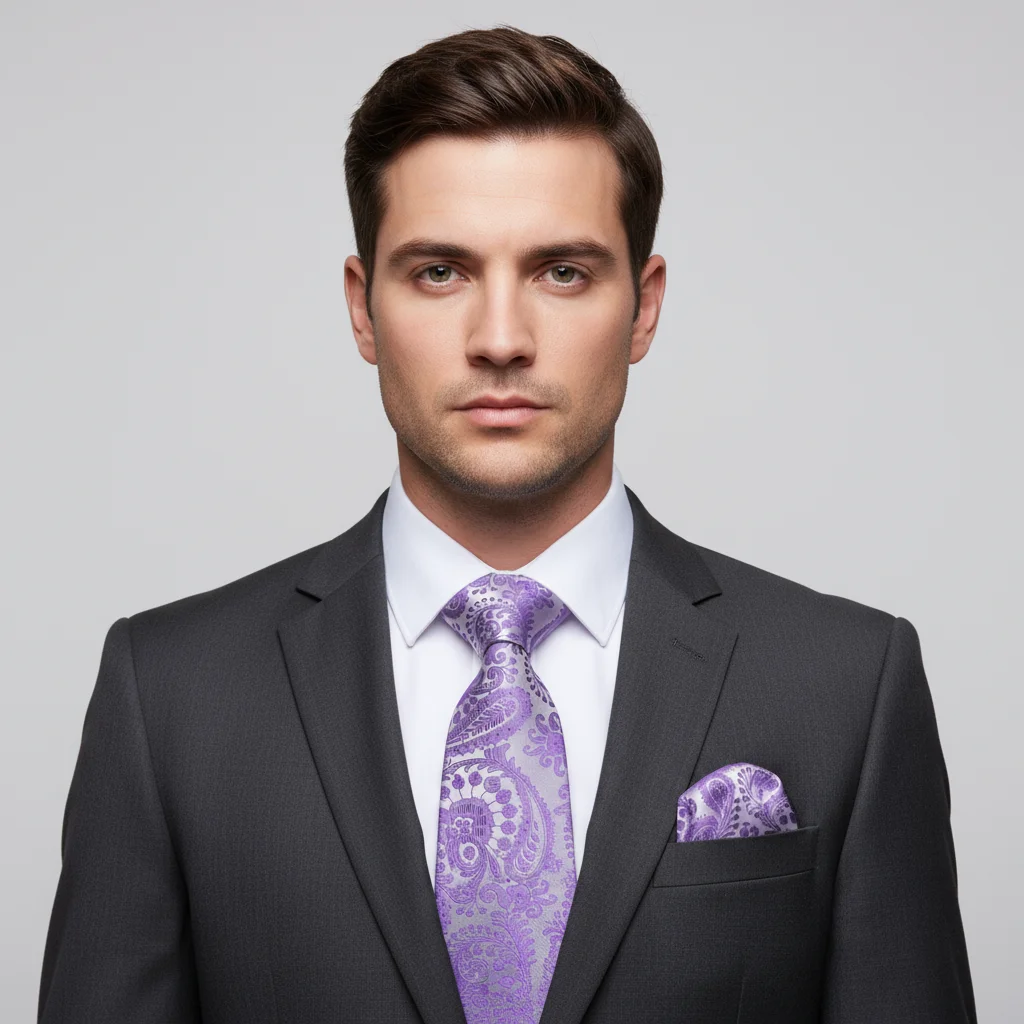 3-teiliges Herren-Krawatten-Set mit lila Blumenmuster, Paisley-Streifen, solide Satin-Krawatte, Einstecktuch, Manschettenknöpfe, Set, Hochzeit, formell, lässig, Büro, Party