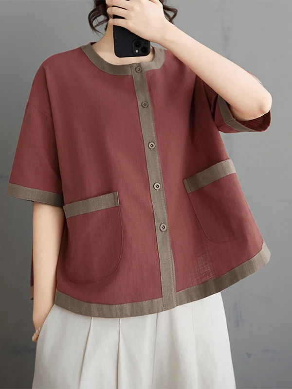 

Summer 2026 Loose Fit Casual Linen Shirt Short Sleeve round Neck Top for plus Size Women Vintage Splice Color Block Style
