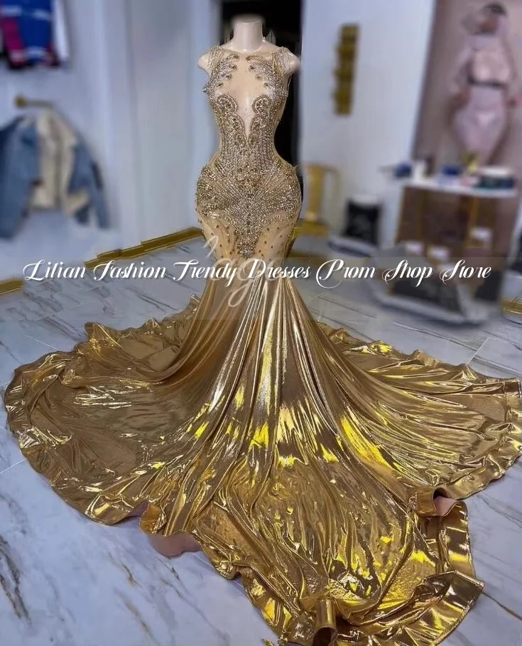 Trompeta brillante de oro oscuro, vestidos de desfile de noche, falda de lujo de cristal de diamante, vestido de fiesta de graduación, vestido de celebridad