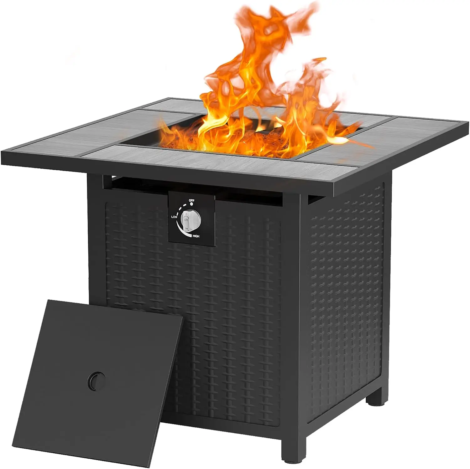 Fire Pit Table with Lid, Glass Wind Guard, Waterproof Cover, Rectangle Gas Firepit Table for Garden/Patio, CSA Certification