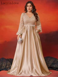Lucyinlove Plus Size Luxury V-Neck Sequins Fprmal Evening Dresses Women Elegant Long Sleeve Beading Party Prom Cocktail Gowns