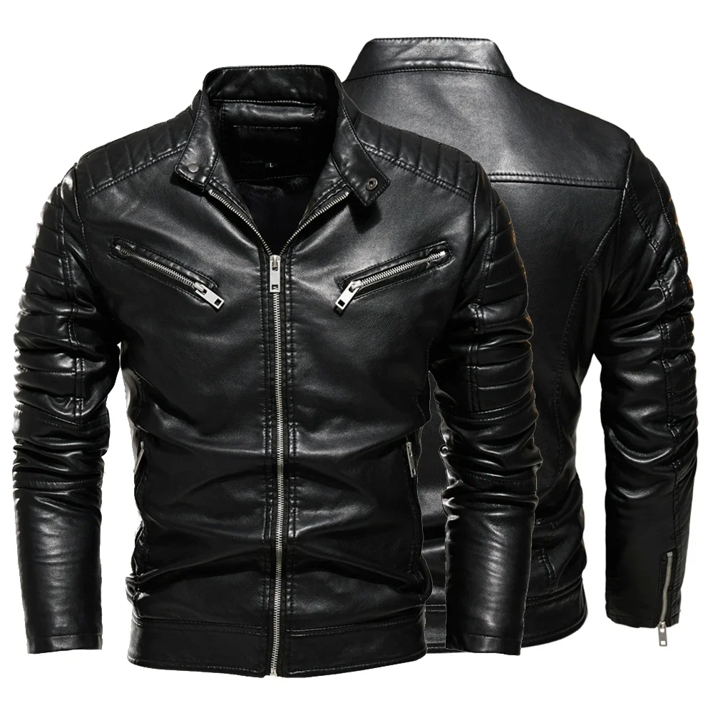 

TPJB Winter Black Leather Jacket Men Fur Lined Warm Motorcycle Jacket Slim Street Fashion BLack Biker Coat Pleated Design Zipper