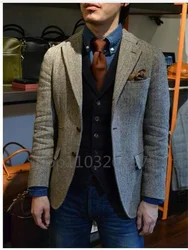 1 Pieces Men's Suit Gray Blazer Prom Tuxedos Herringbone Wool Tweed Single Breasted Formal Bussiness Jacket for Wedding