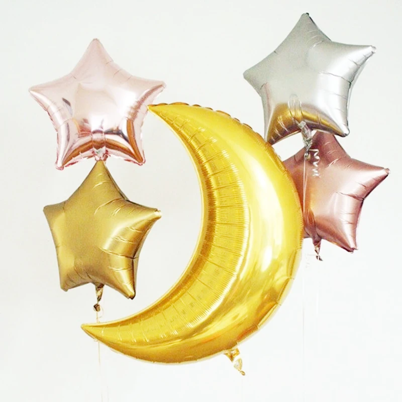 5Pcs Chrome Gold Star Helium Balloons  Gold Moon Eid al-Fitr Happy Ballons Birthday Party Decorations Adult Baby Showers