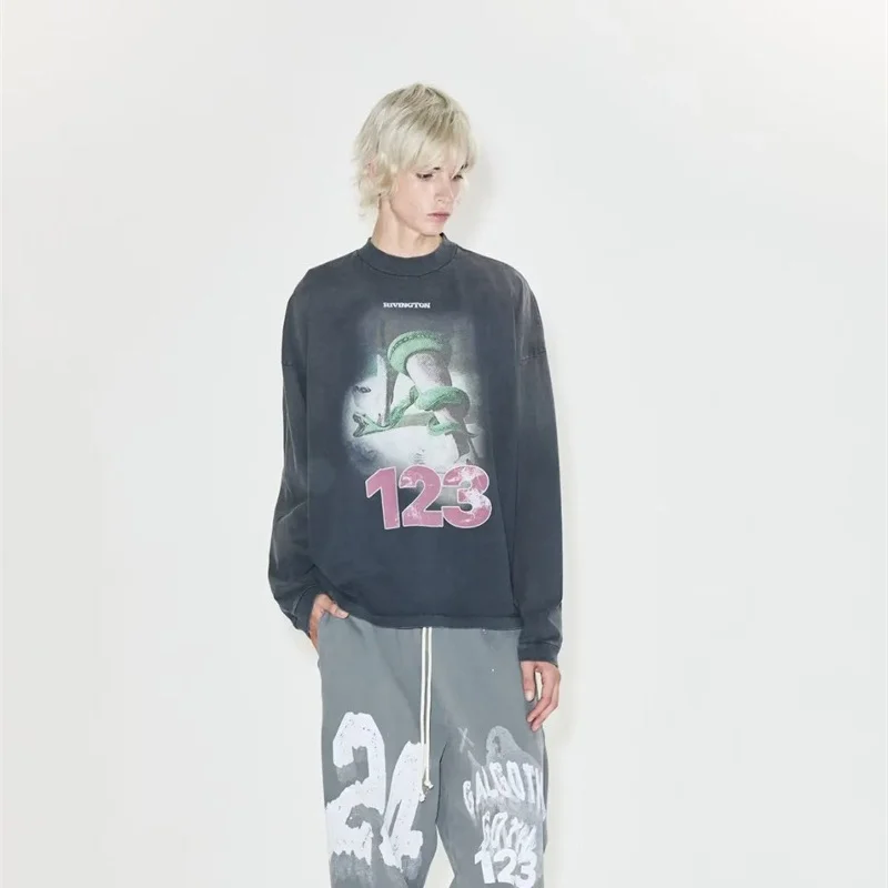 

Ретро стираная черная футболка RRR123, хип-хоп с длинными рукавами, графический буквенный принт, мужская и женская свободная хлопковая футболка премиум-качества