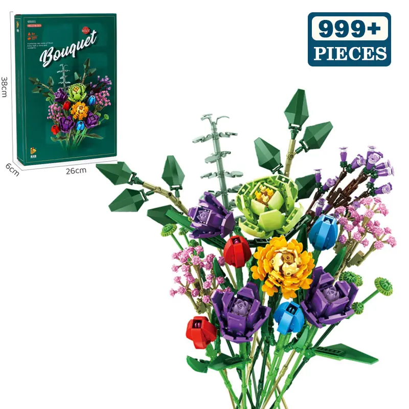 

Technical Ideas Flowers Bouquet Building Blocks MOC Romantic Rose Flower Bricks Home Decoration DIY Toys for Girl Birthday Gift