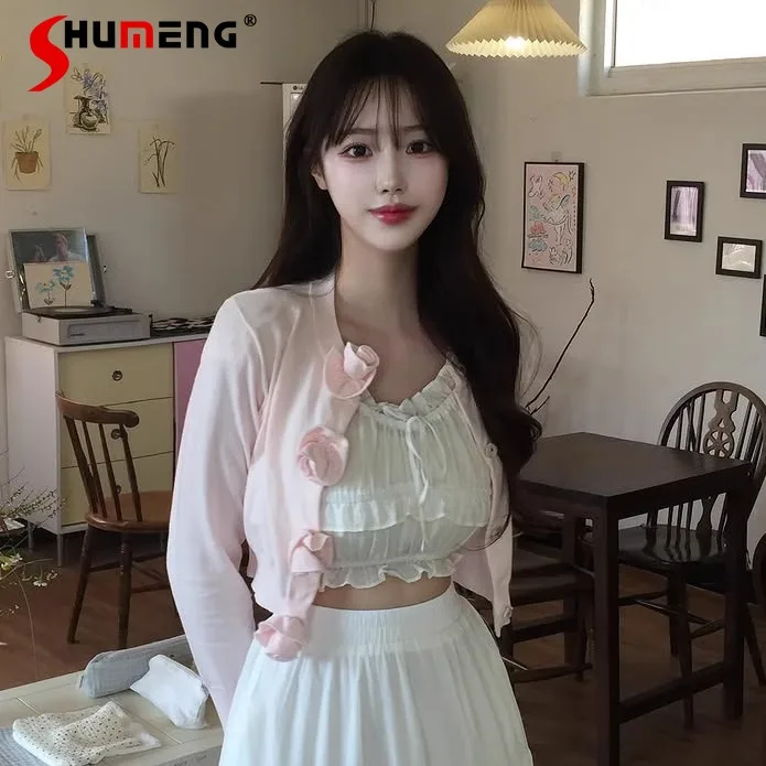 

Новинка 2023 года, женская милая модная короткая вязаная куртка-кардиган в японском стиле с 3D розой, весенне-осенние новые мягкие вязаные пальто для девочек