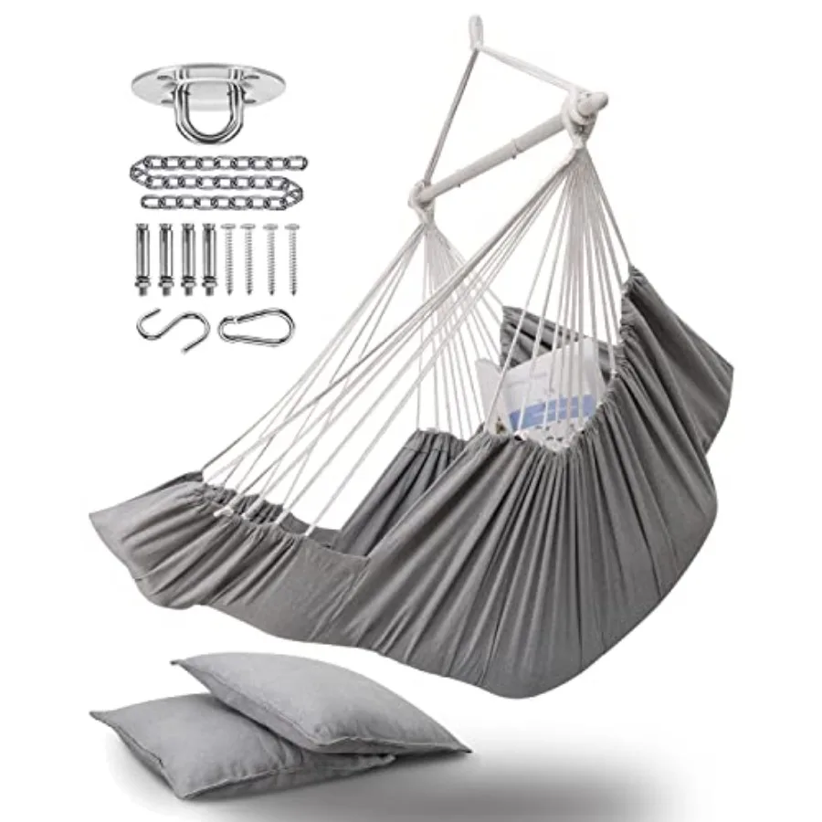 

Hanging Hammock Chair Large Swing Chair with Feet Rest and Hardware, Max 500lbs, Steel Spread Bar with Anti Slips, 2 Cushions a