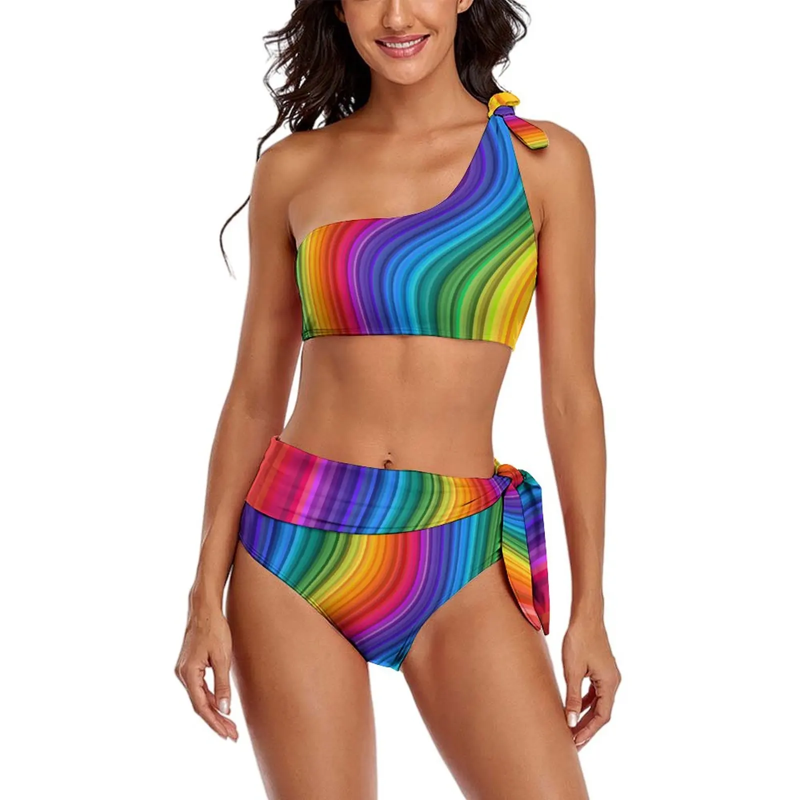 

Rainbow Wave Bikini Set Glittering Swirl Bikini Swimsuit Sexy High Waist Classic Swimwear Surf 2 Pieces Feminine Bikinis