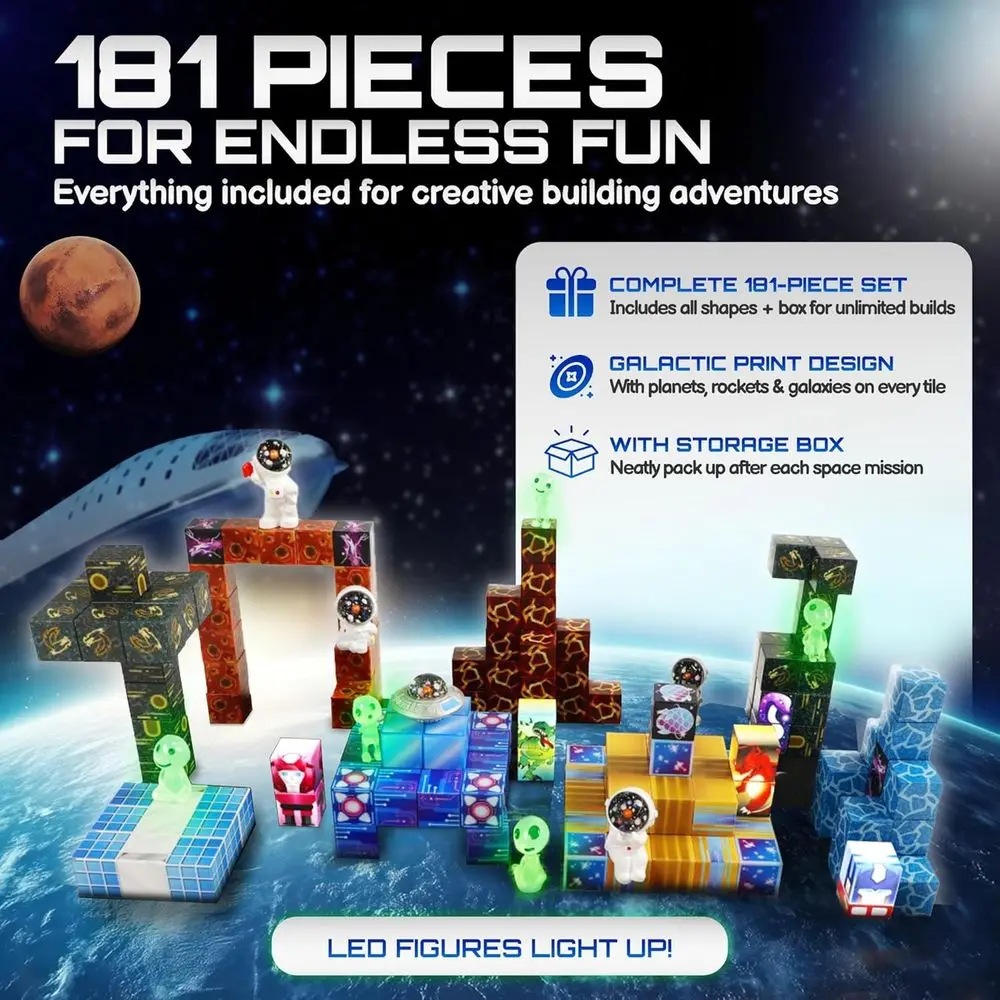 บล็อกแม่เหล็ก STEM สำหรับเด็กอายุ 3 ปีขึ้นไป - ชุดธีมอวกาศพร้อมลูกบาศก์เรืองแสง