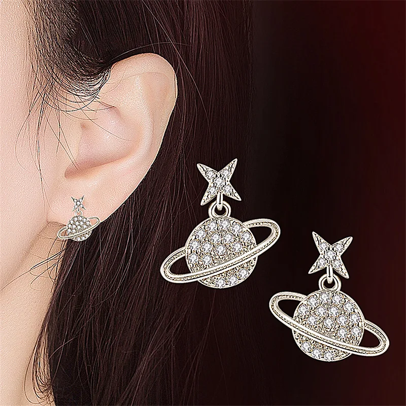 Saturn Planet Earrings Aesthetic Cubic Zircon Silver Plated Saturn Planet Stud Earring Fashion Women Jewelry