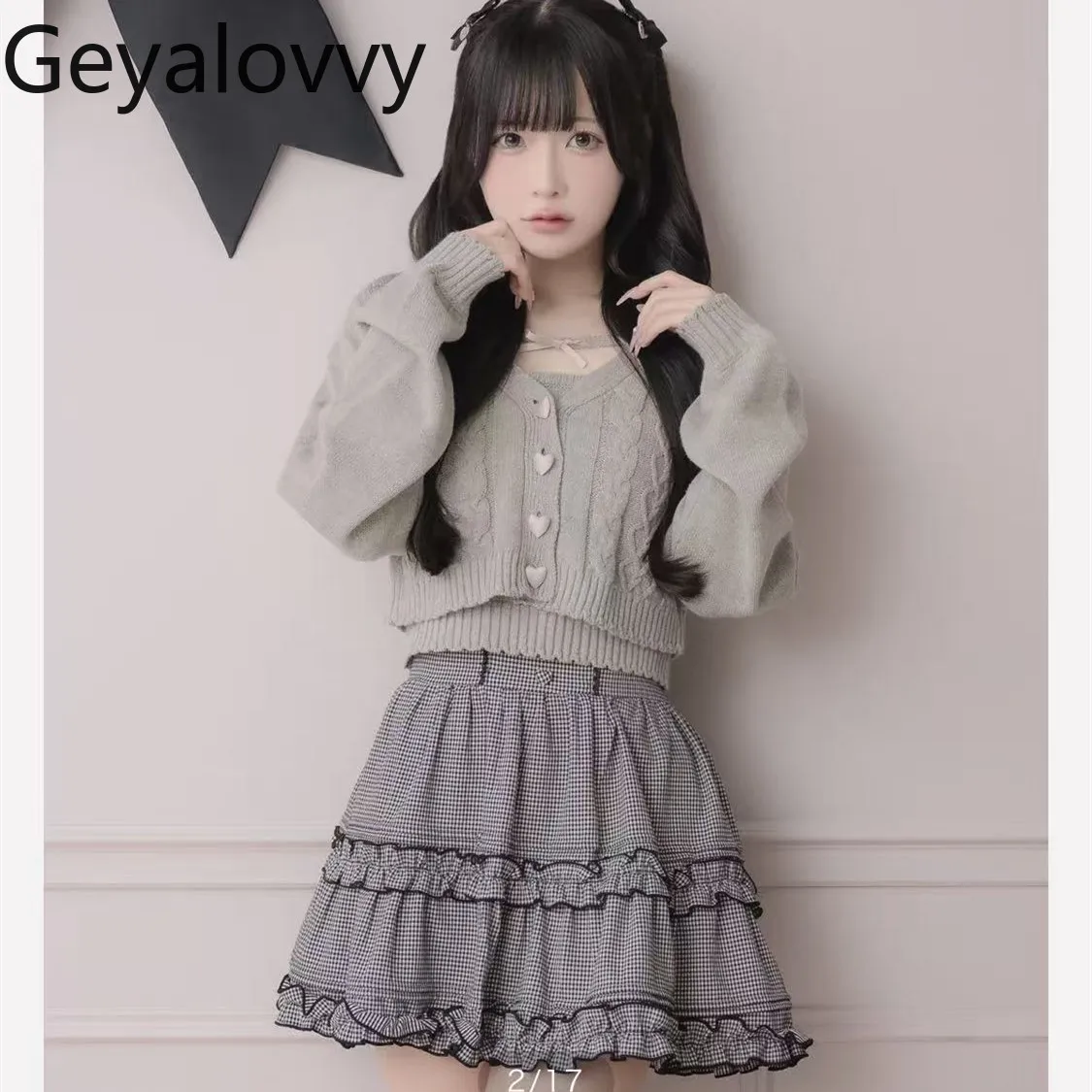 

2026 Spring New Japanese Style Pure Original Bow Collar Camisole + Loose Cable Knit Cardigan Sweet Girls Two-Piece Set