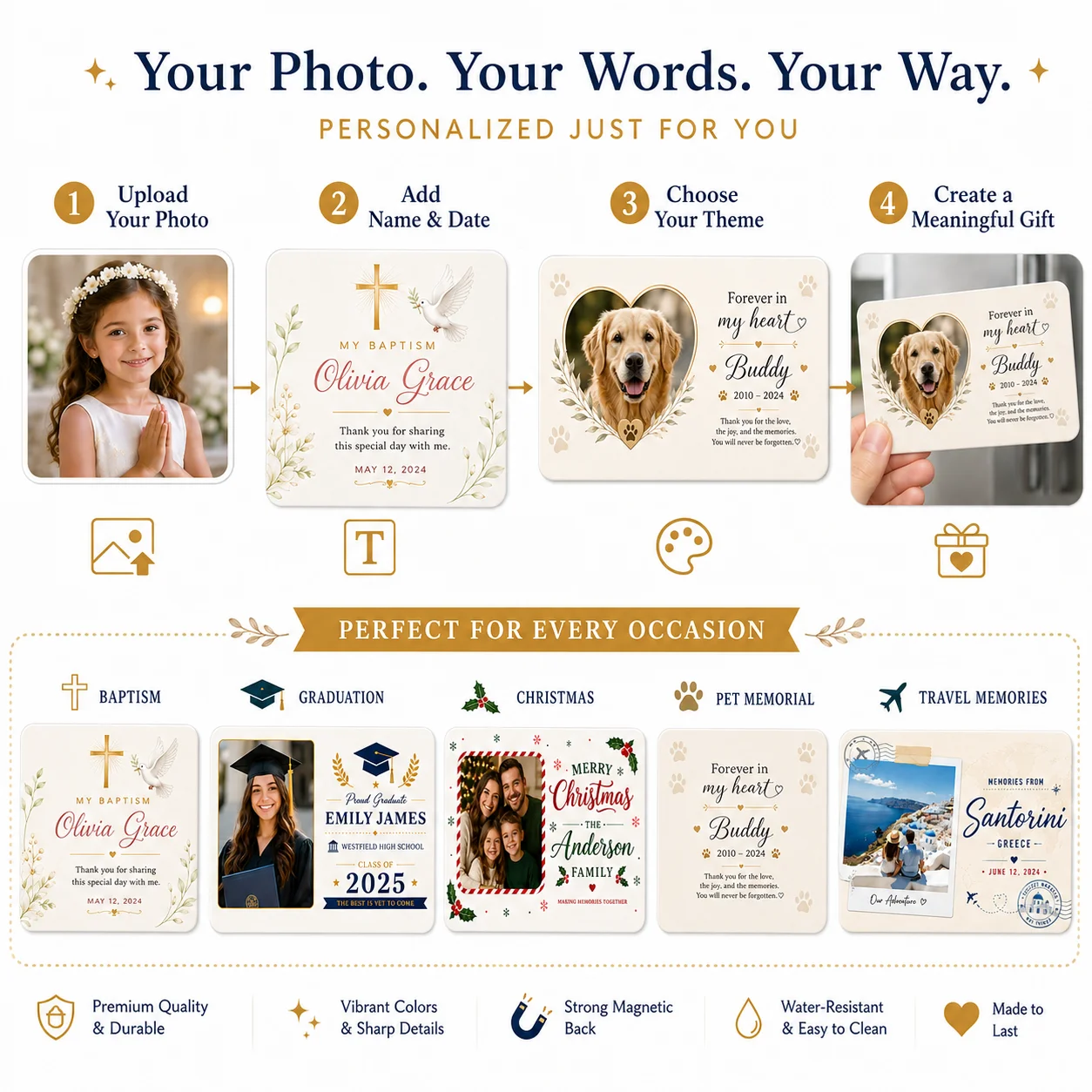 Personalized Custom Fridge Magnets for Baptisms, Communions, Birthdays, Sleepovers, Weddings, Anniversaries - Elegant Tabletop Centerpieces - Commemorative Gifts - Suitable for Girls, Boys, Adults - Birthday Party Deco
