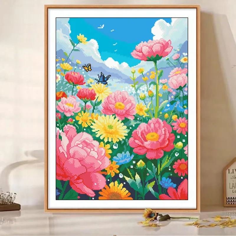 

Bedroom Modern Simple Sle Cross Stitch Beaded Embroidery Vertical Version Full Beads Rose Flower Plant Cotton Fabric