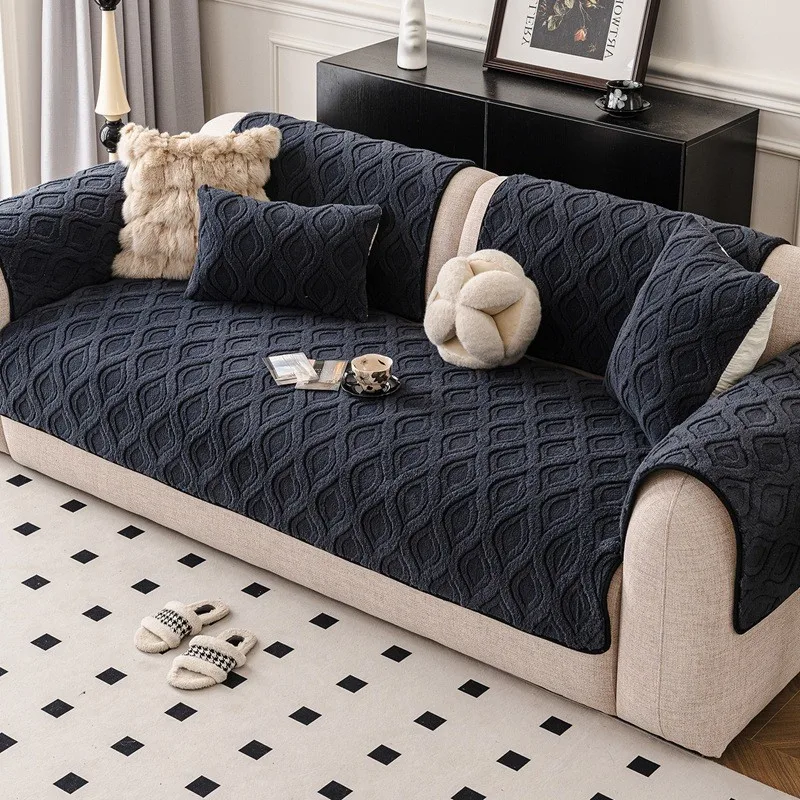 1pcs Solid Color Winter Thick Plush Sofa Cushion Anti Cat Scratch Seat Cover Machine Washable Non-Slip Chair Pad