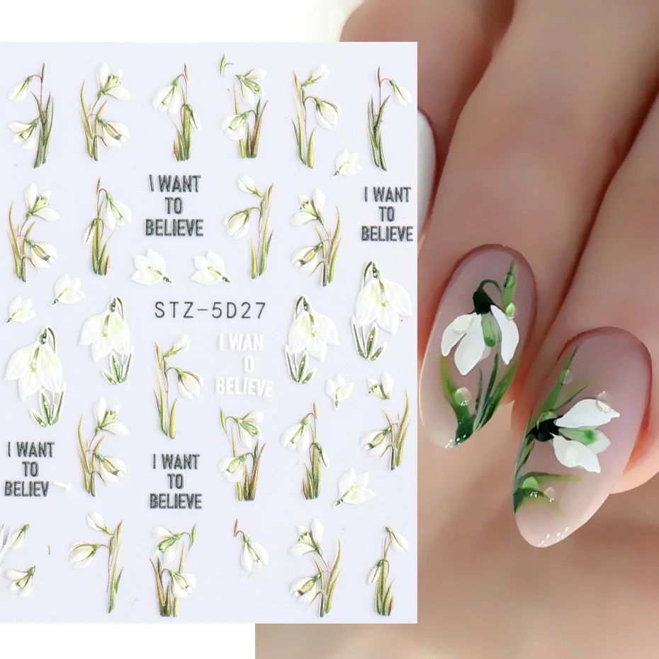 الأبيض توليب ماغنوليا الزهور 5D ملصقات الأظافر تنقش فلورا ذاتية اللصق المنزلق ل جيل للأظافر البولندية الصيف مانيكير SASTZ-5D27