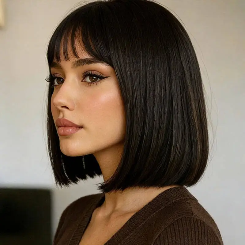 

12 inch black straight synthetic wig, smooth and versatile for daily cosplay styling, suitable for all women's fashion styles