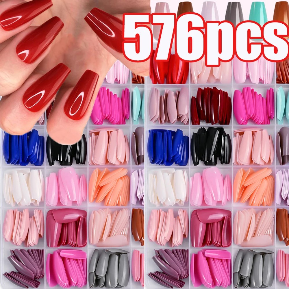 

576 шт. - 24 ячейки, разноцветные накладные ногти формы «балетное гробик», глянцевые, с полным покрытием, мягкие гелевые типсы для французского маникюра