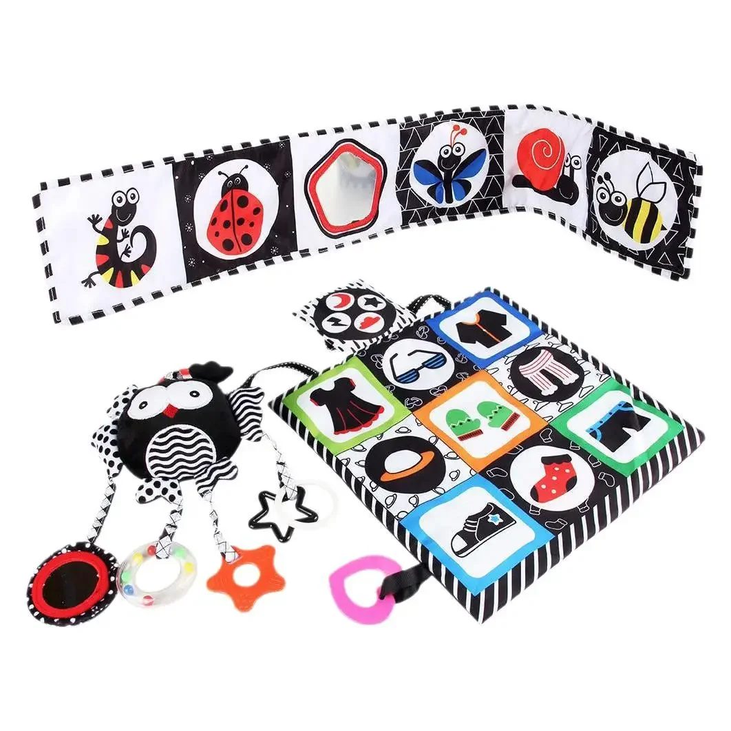 Libro di stoffa per bambini 0-3 mesi Giocattoli per bambini Giocattoli sensoriali ad alto contrasto in bianco e nero Educazione precoce Libro di attività in tessuto per bambini