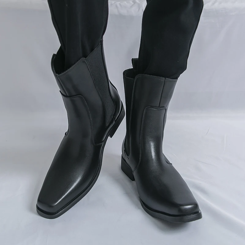 

Men High Top PU Solid Color Comfortable Fashionable Classic Square Chelsea Boots