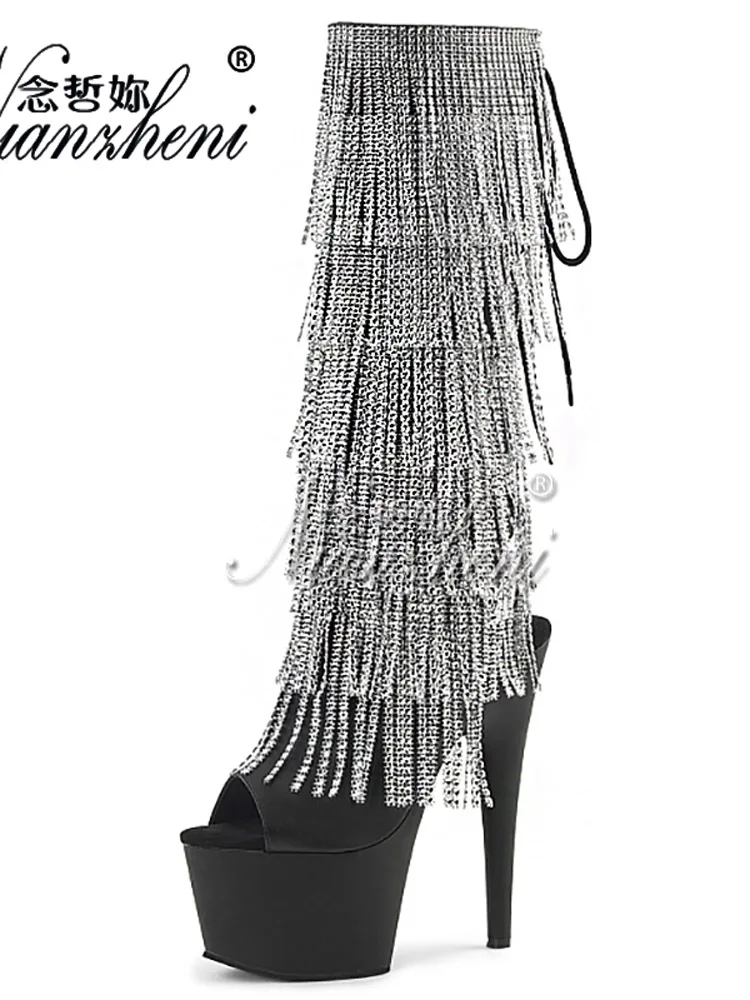 Fringe Rhinestone 6Inch Knee Boots Platform Nightclub Sexy Fetish Shoes Stripper pole dance heels Models exotic Elegant Peep Toe