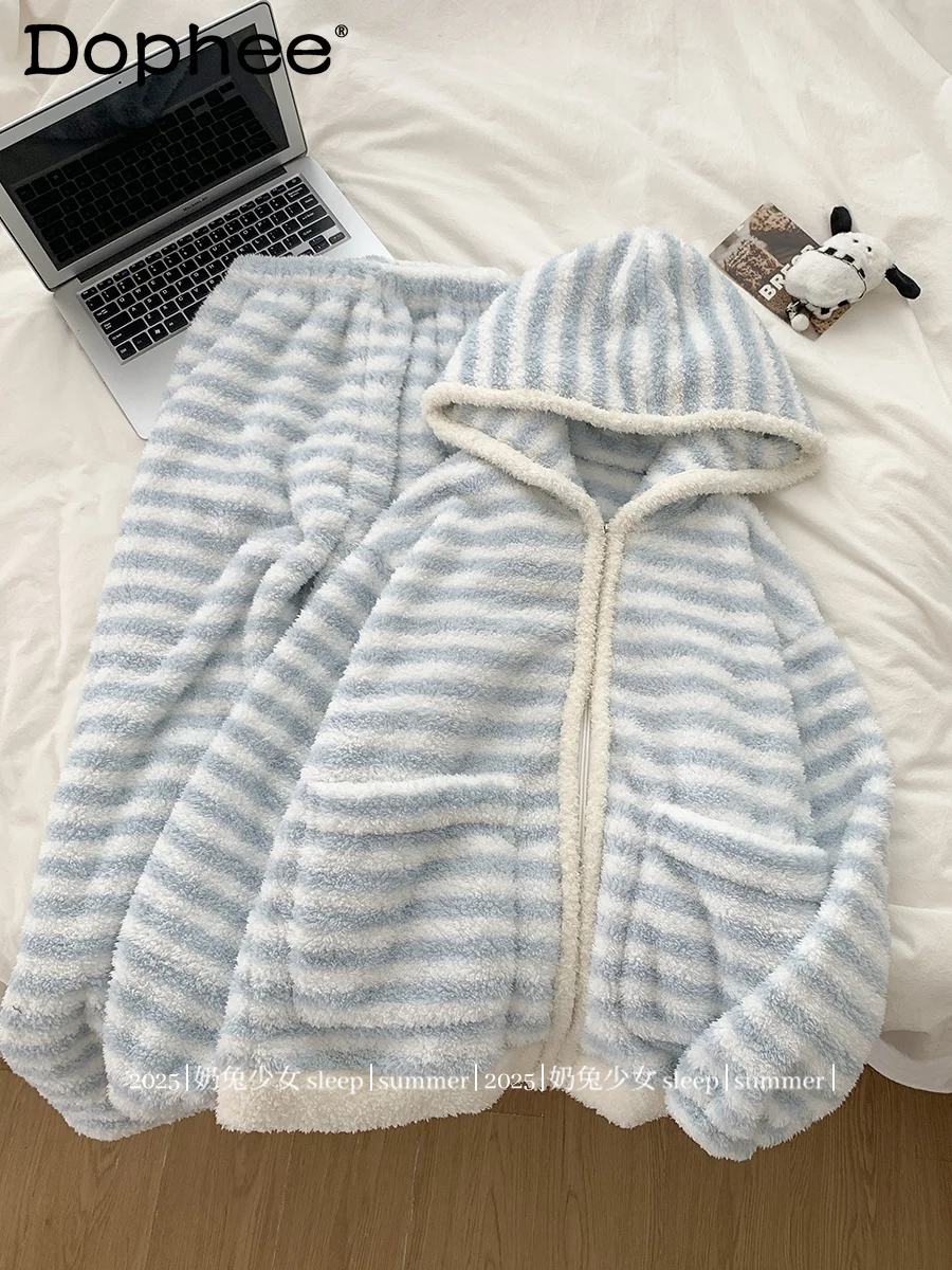 

Зимние полосатые женские пижамы из кораллового флиса с лацканами, осенне-зимние длинные брюки с длинными рукавами, теплый комплект домашней одежды, подходит для верхней одежды