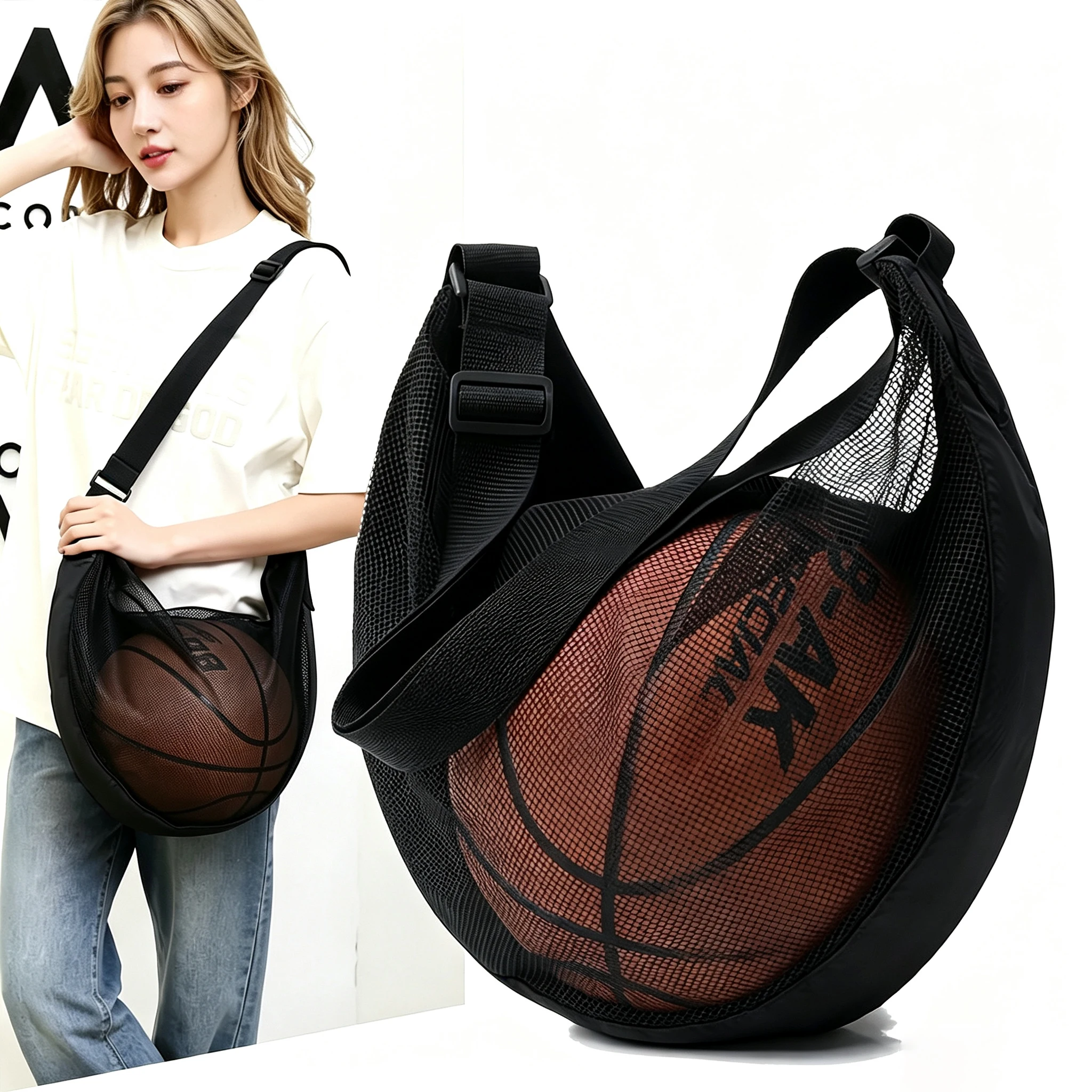 1/2 pièces Sac de rangement en maille pour ballon unique, anti-déchirure, sac de sport bandoulière, pochette zippée pour ballon de basketball, football, volleyball taille 7