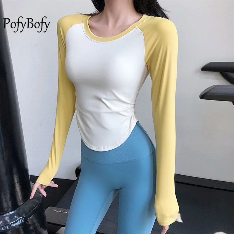 PofyBofy Splice Color Side Pleated Curve Bottom Slim Fit Fashion Long Sleeve Yoga T-shirt Fitness Workout Elastic Women Tee Tops