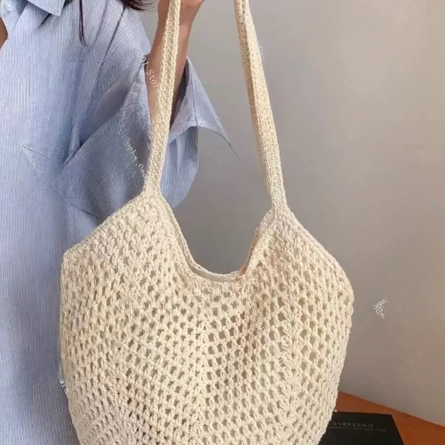Bohemian Crochet Tote Bag Large Capacity Beach Vacation Shoulder Bag Handwoven Straw Hollow Out Design