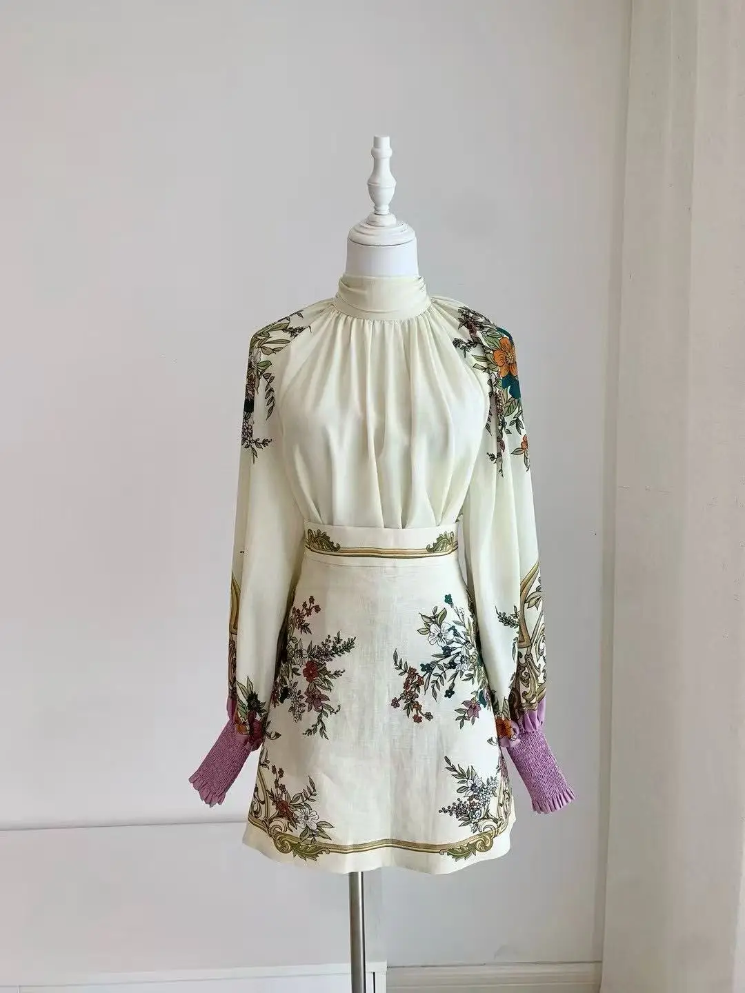 

High Collar Long Sleeve Printed Top with High Waist Half Skirt Set - Premium Quality Elegant Fashion for Women