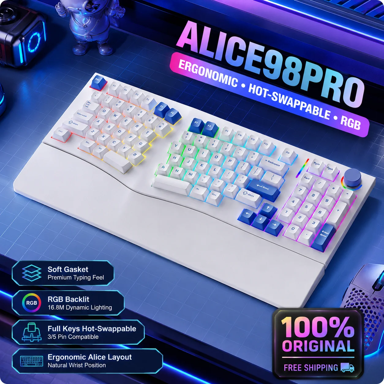 Teclado Mecânico Ergonômico FEKER Alice98pro, 3 ° Teclado RGB com Iluminação Total e Troca de Teclas em Tempo Real