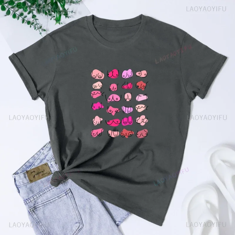 Funny Boobies Shirt Summer Aesthetic Women Body Positivity Graphic Tops Lady Cotton Short-sleev Breast Cancer Awareness T-shirt