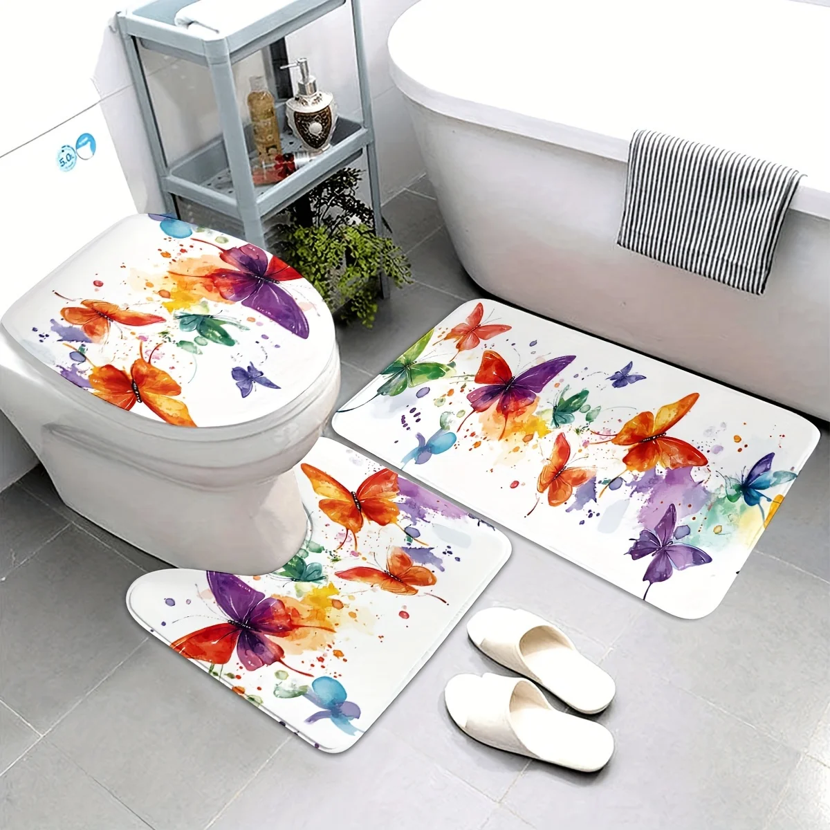 

Набор из 3 предметов U-образных ковриков с принтом бабочки, нескользящих ковриков, чехлов на сиденья унитаза, подходит для украшения ванной комнаты.