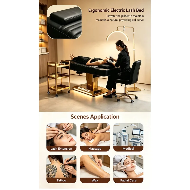 Luxury Swivel Electric Curved Beauty Bed Custom Color Black Leather for Salon Massage Facial Eyelash Lash Treatment Table