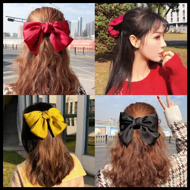 Elastic Hair Bandas para mulheres, grandes arcos de seda, laços, bandas de borracha sólida, grampos de cabelo, acessórios para meninas, presilhas