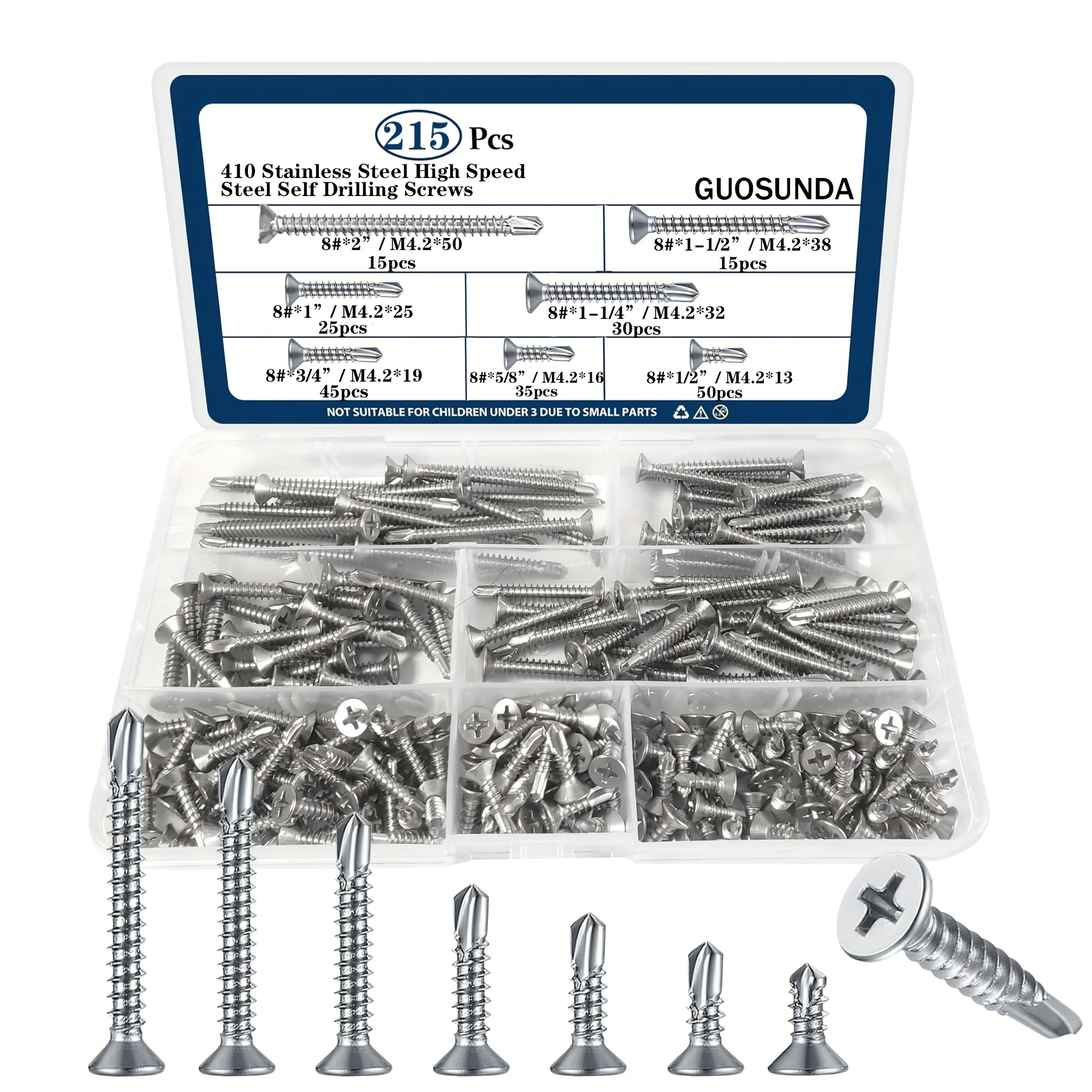 215pcs Stainless steel cross head self tapping screw combination, size#8x1/2 