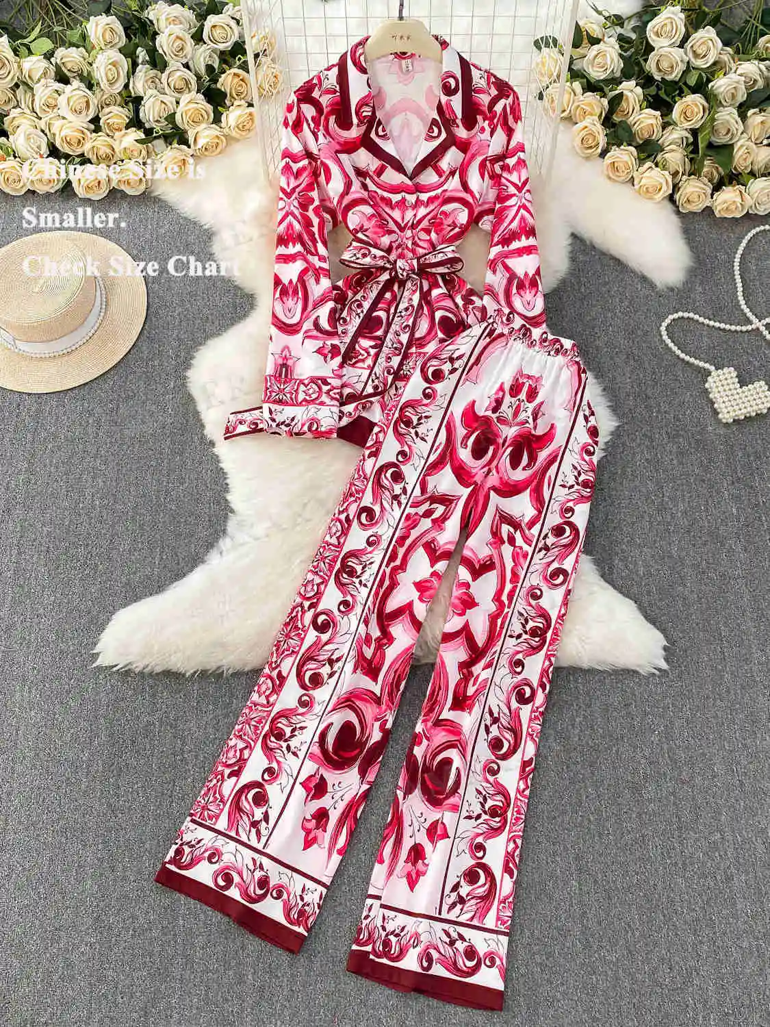 Autunno Musulmani Casual Set a due pezzi Camicie viola da donna Giacca con stampa Pocelain + Pantaloni a gamba larga in vita elastica 2 pezzi Abiti