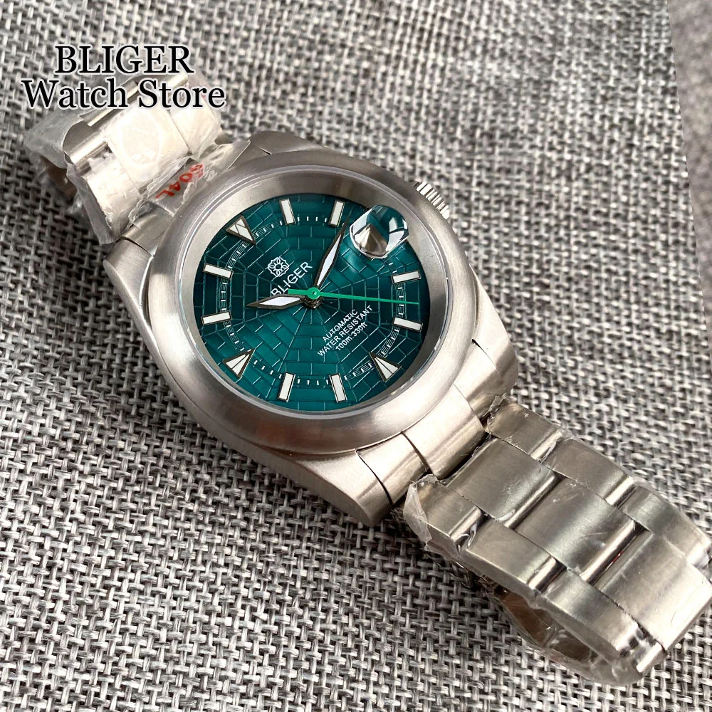 BLIGER 36mm/39mm NH35A Automatic Men's Watch Blue Webbed Dial Green Luminous Brushed Bezel Steel Bracelet Date