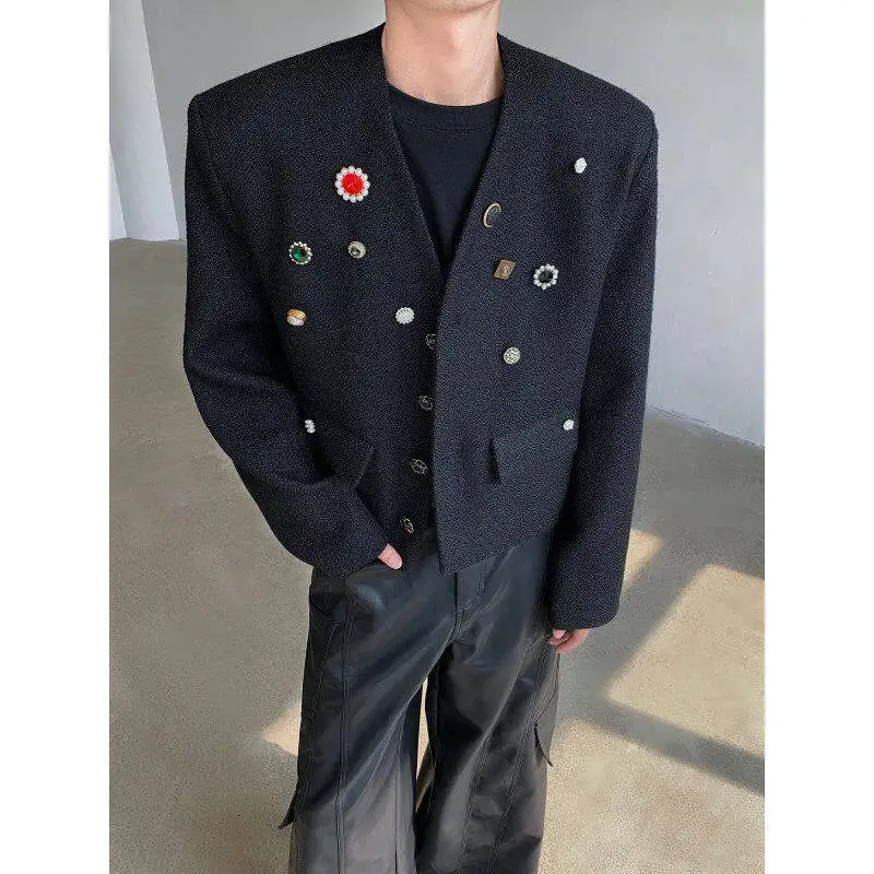 

Faionable ort Men's with Button Bae Decoration Casual Spring Polyester Fabric Luxury Bla Suit Youth Sle