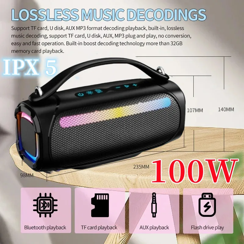 

100W High-Power Portable Wireless Big Music Box Outdoor Super Bass Powerful Party Waterproof IPX5 Caixa De Som Bluetooth Speaker