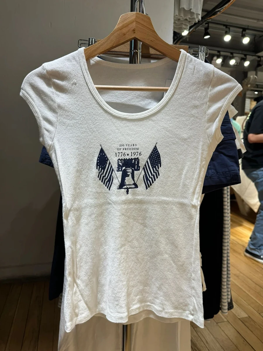 Small Bell with Flag Slim T-shirt Woman O-Neck Short Sleeve Soft Cotton Tee Shirt Summer Casual Vintage Streetwear Y2k Tshirt