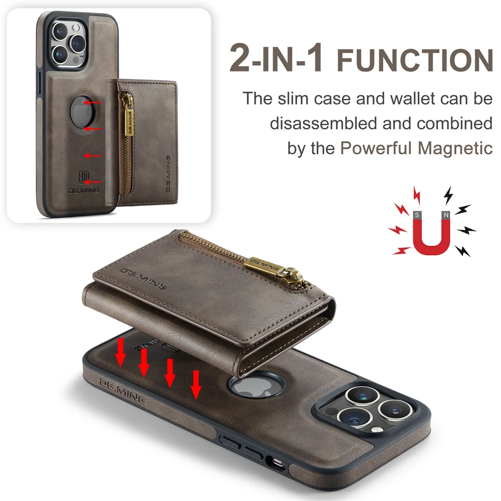 DG.MING M5 Detachable Card Bag Magnetic Wallet Case for iPhone 15 Pro Max 11 12 13 Pro 14 Plus Premium PU Leather Case Cover