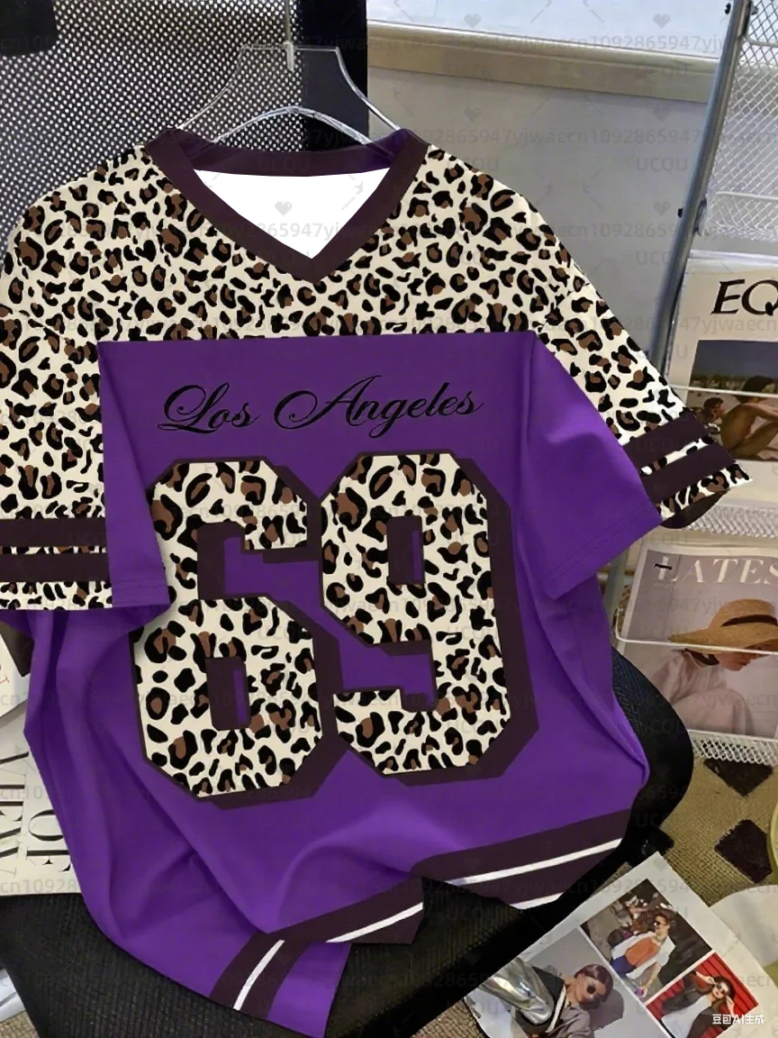 T-shirt sportiva da donna per ragazza e ragazzo Los Angeles NO.69 con stampa manica corta estiva T-shirt sportiva per adulti con stampa leopardata taglie forti