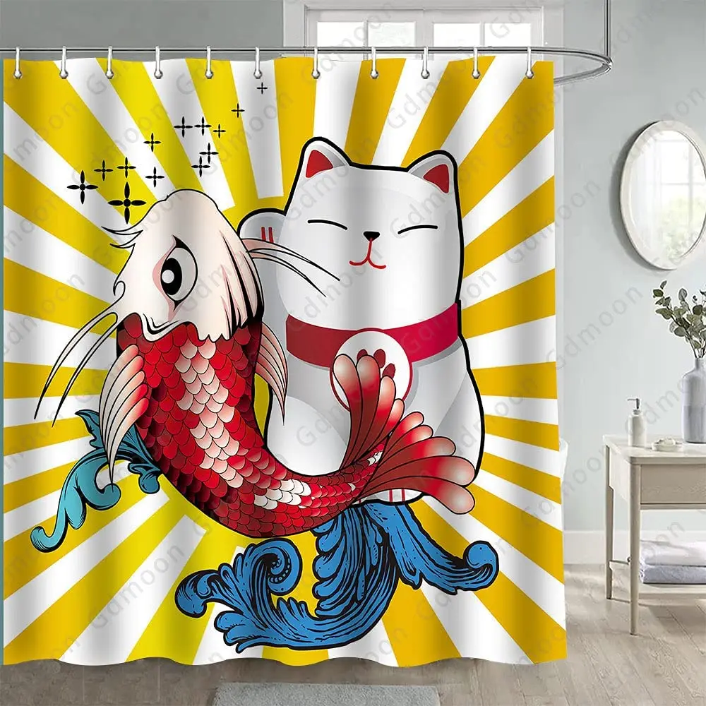 Japanese Lucky Cat Shower Curtain Koi Sun Rays Waves Cute Kitten Ukiyo E Animal Pet Lovers Gift Kids Cartoon With Hooks