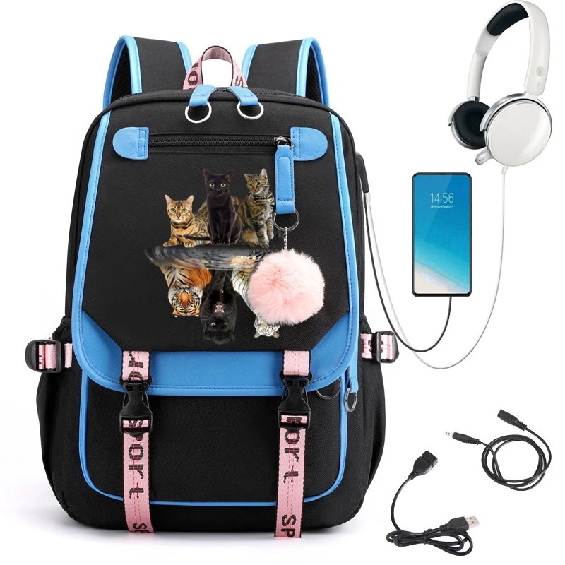 Desenhos animados gato tigre anime mochila para mulheres, grande capacidade mochila, bolsa de viagem, bolsa de escola, estudante, computador, fêmea, moda